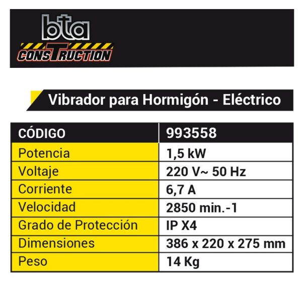 Vibrador para Hormigón con motor Eléctrico Bta Construction 1,5kW 2HP 220v 993558 (no incluye unidad Vibratoria) - Imagen 2