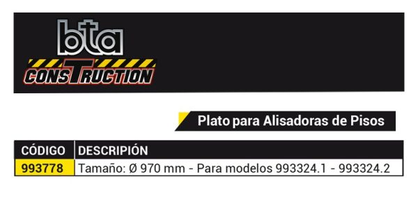 Plato disco Bta Construction Tamaño diámetro 970mm 993778 para Alisadoras de Pisos de cementos Modelos 993324.1 993324.2 - Imagen 2