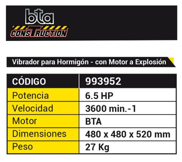 Vibrador para Hormigón con motor explosión Nafta Bta Construction 6.5HP 993952 (no incluye unidad Vibratoria) - Imagen 2