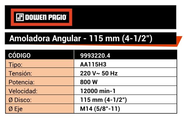 Amoladora Angular Eléctrica Dowen Pagio AA115H3 115 mm (4-1/2″) 800w 220v 9993220.4 - Imagen 3