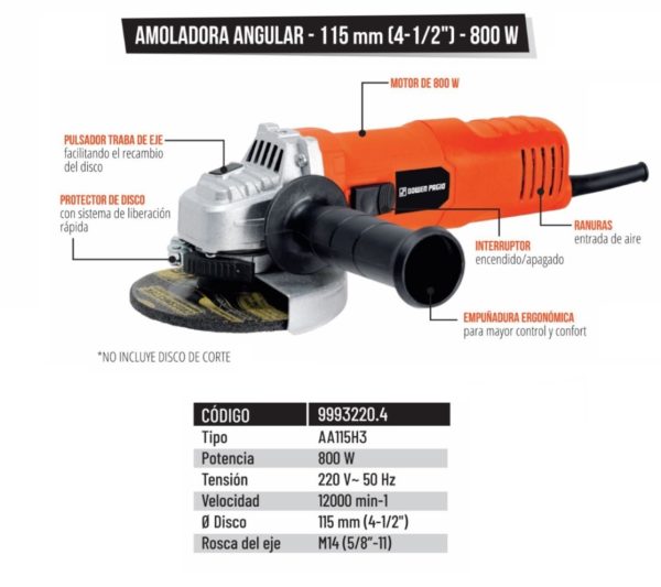 Amoladora Angular Eléctrica Dowen Pagio AA115H3 115 mm (4-1/2″) 800w 220v 9993220.4 - Imagen 2