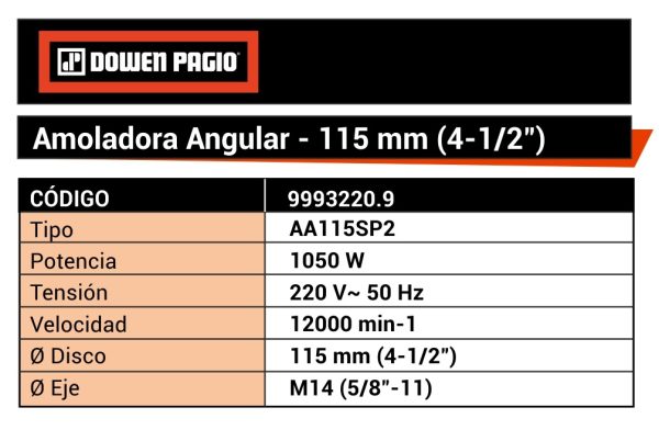 Amoladora Angular Eléctrica Dowen Pagio AA115SP2 115 mm (4-1/2″) 1050w 220v 9993220.9 - Imagen 3