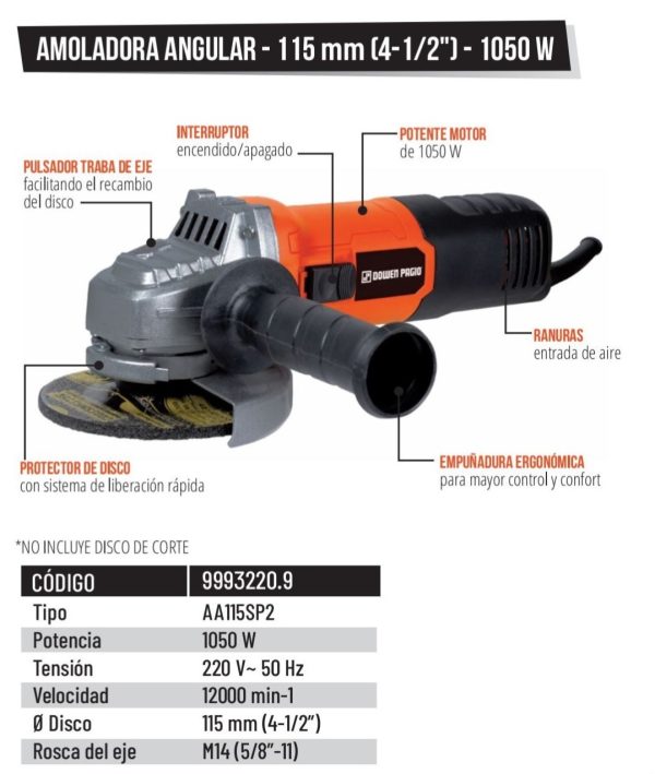 Amoladora Angular Eléctrica Dowen Pagio AA115SP2 115 mm (4-1/2″) 1050w 220v 9993220.9 - Imagen 2