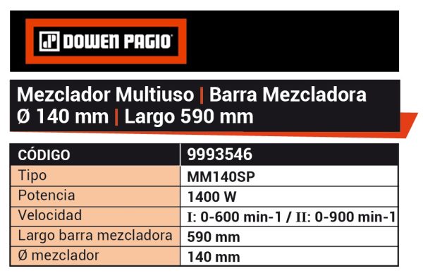 Mezclador multiuso Eléctrico Dowen Pagio MM140SP 1400w diámetro 140mm largo 590mm 220v 9993546 - Imagen 2