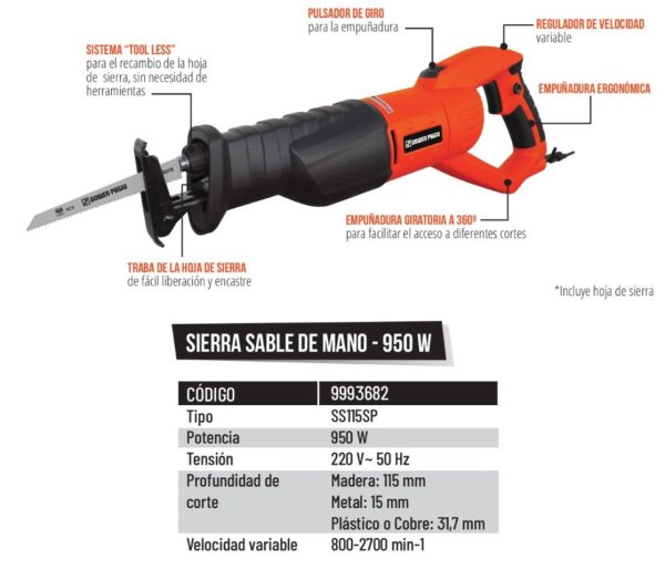 Sierra Sable Reciproca de mano eléctrica Dowen Pagio SS115SP 950W 220v 9993682 - Imagen 2
