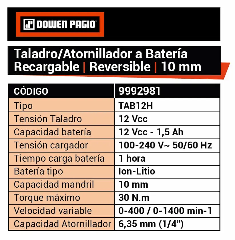 Taladro Atornillador a Batería 12V Dowen Pagio TAB12H 10mm 1/4” 9992981 (con maletín, puntas, 1 batería y 1 cargador) - Imagen 8