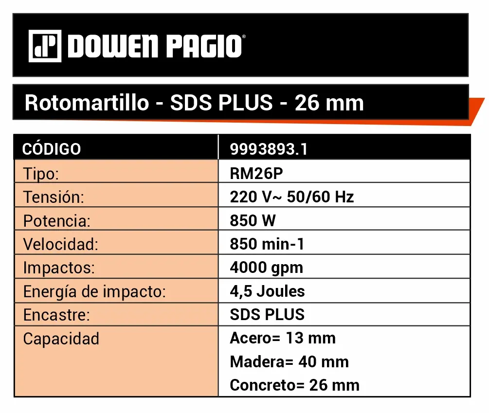 Rotomartillo Combinado Eléctrico Dowen Pagio RM26P 800W SDS-PLUS 26mm 4.5J 9993893.1 - Imagen 2