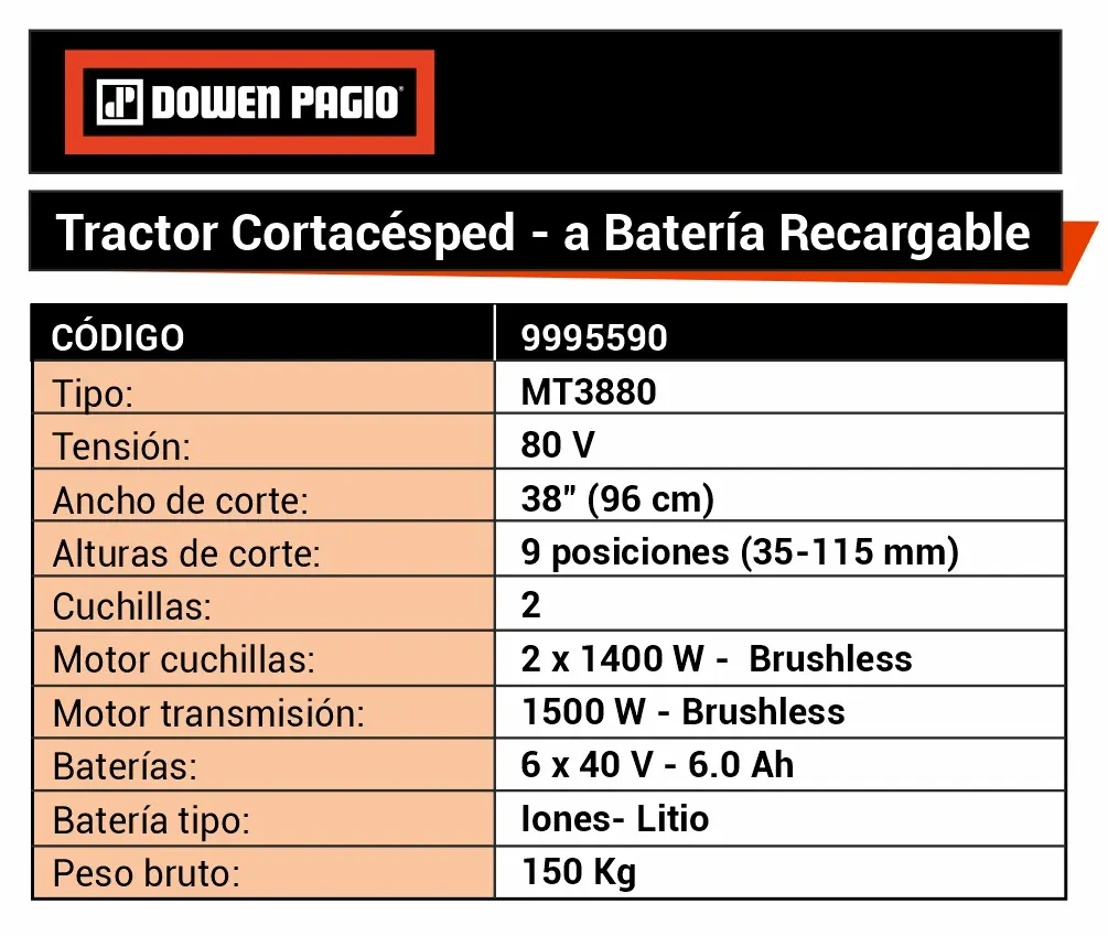 Tractor cortacésped a Batería 80V Dowen Pagio Evo-Mower MT3880 38”(96cm) 9995590 - Imagen 2