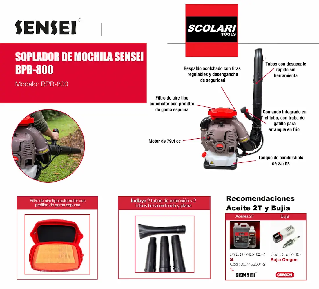 Sopladora de Mochila a explosión 2T Nafta Sensei BPB-800 79.4cc - Imagen 3