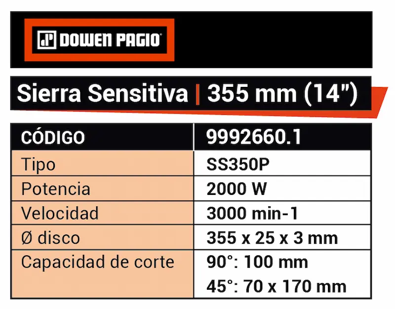 Sierra Cortadora Tronzadora Sensitiva Eléctrica Dowen Pagio SS350P 355mm(14”) 220v 2000w 3000rpm 9992660.1 - Imagen 5