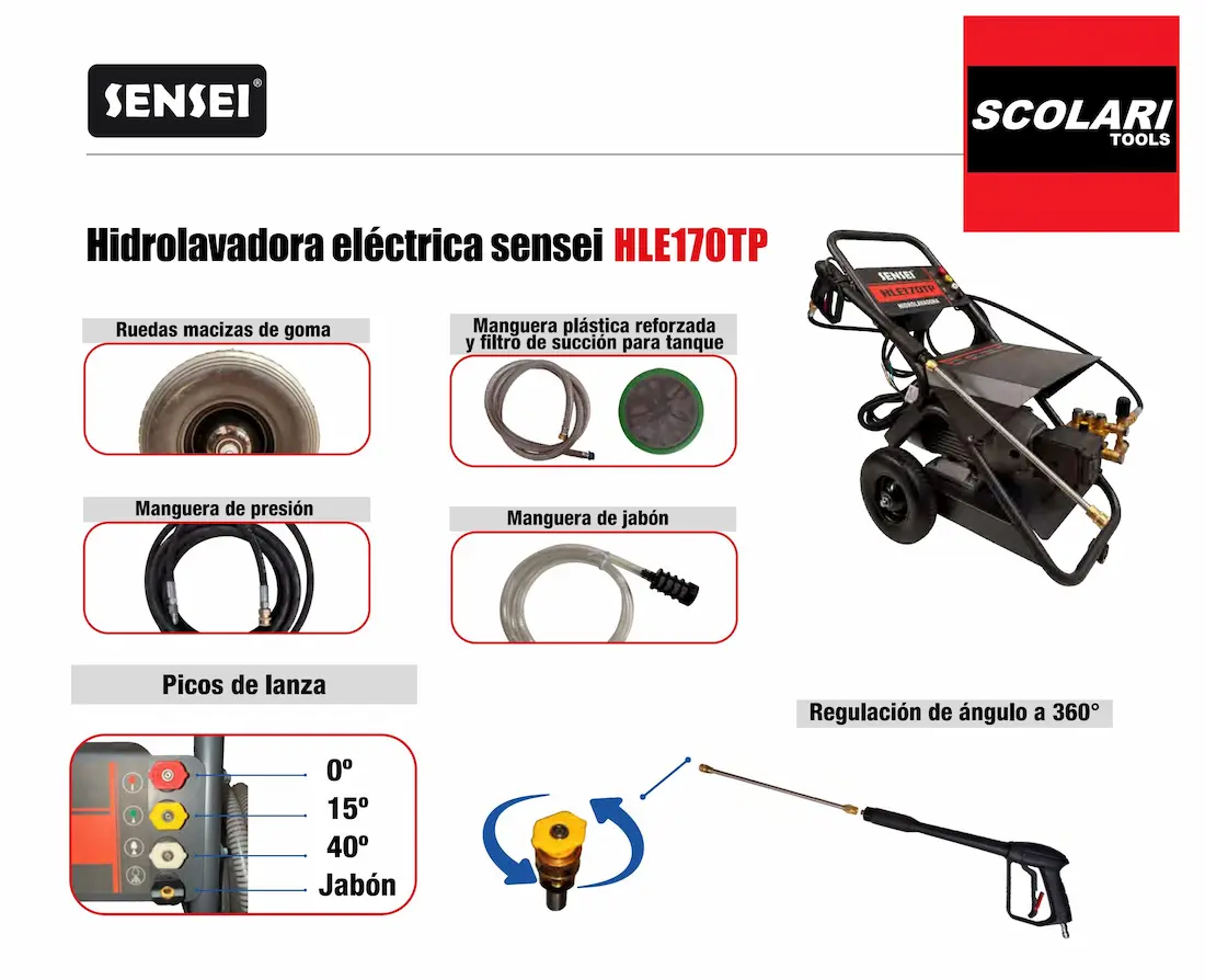 Hidrolavadora Sensei HLE-170TP con accesorios profesionales