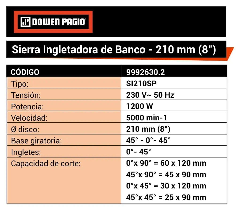 Sierra Ingletadora Eléctrica Dowen Pagio SI210SP 210mm(8”) 1200W 9992630.2 - Imagen 7