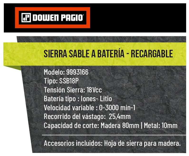 Sierra Sable Reciproca a Batería 18V Dowen Pagio SSB18P 9993166 (no incluye batería ni cargador) - Imagen 5