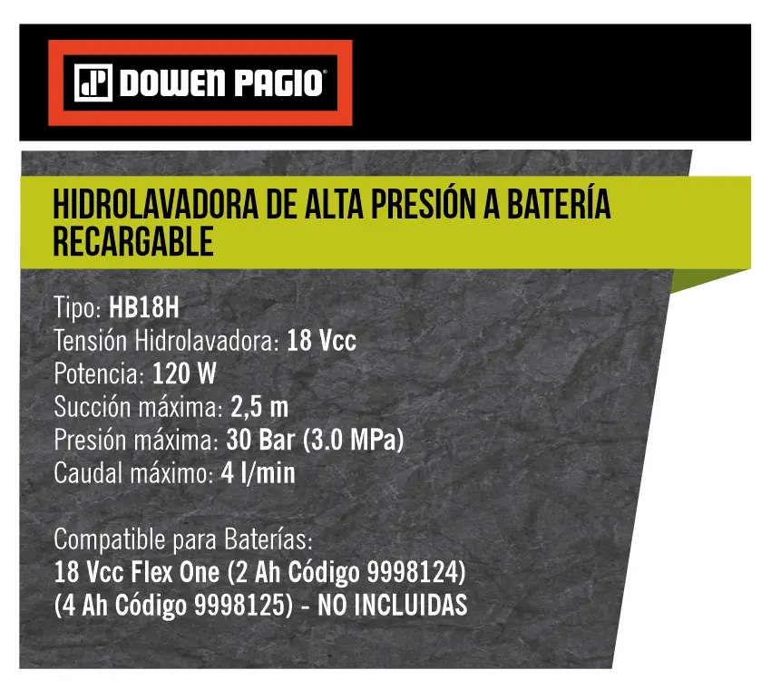 Hidrolavadora portátil a Batería 18V Dowen Pagio HB18H 30Bar 9993022 (no incluye batería ni cargador) - Imagen 12