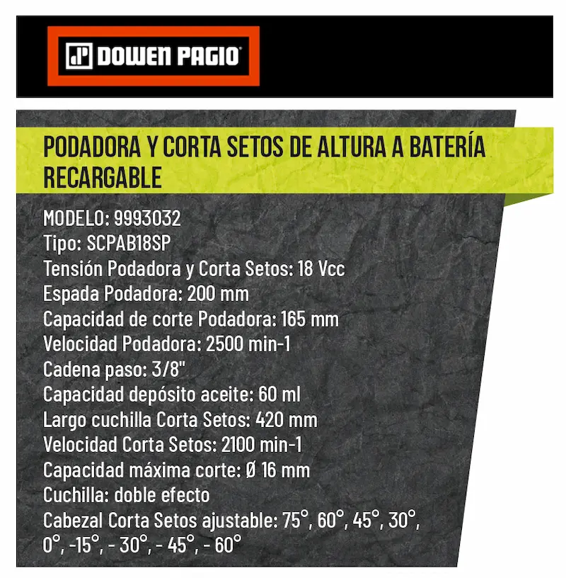 Podadora y Cortaseto de Altura a Batería 18V Dowen Pagio SCPAB18SP 9993032 (no incluye batería ni cargador) - Imagen 6