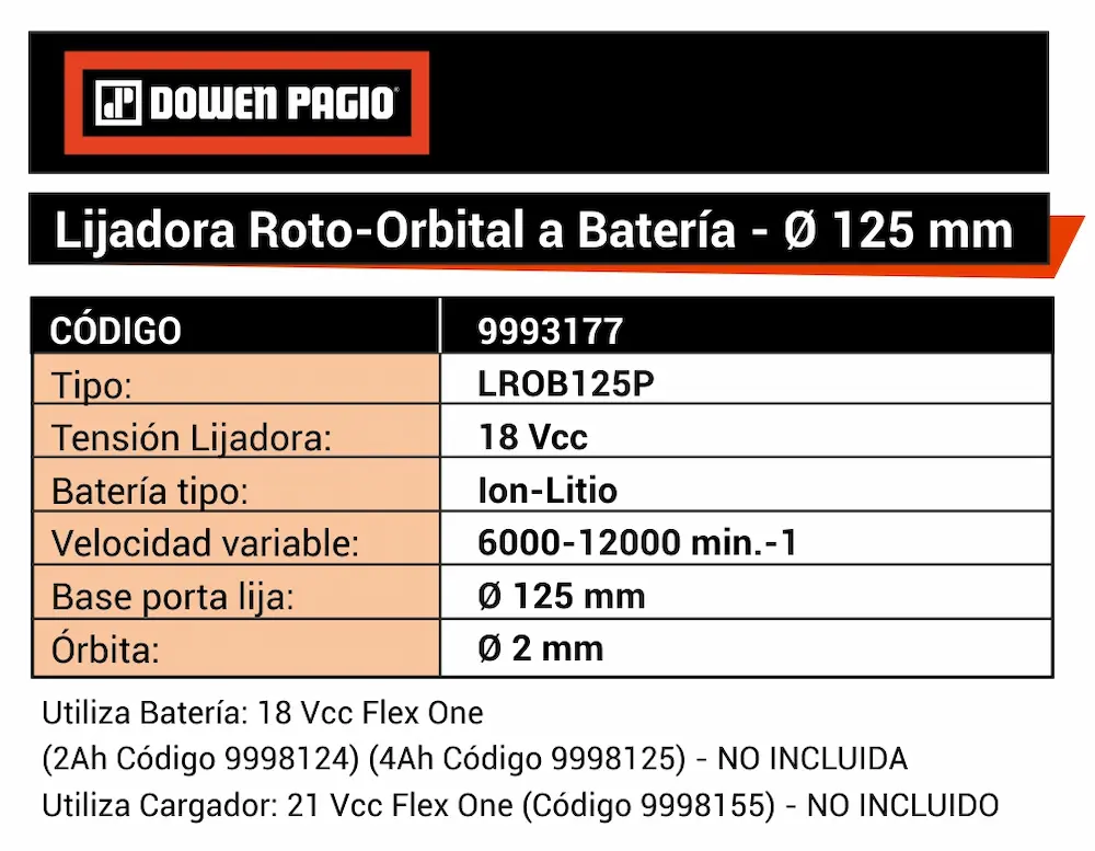 Lijadora Roto Orbital a Batería 18V Dowen Pagio LROB125P 125mm(5”) 9993177 (no incluye batería ni cargador) - Imagen 6