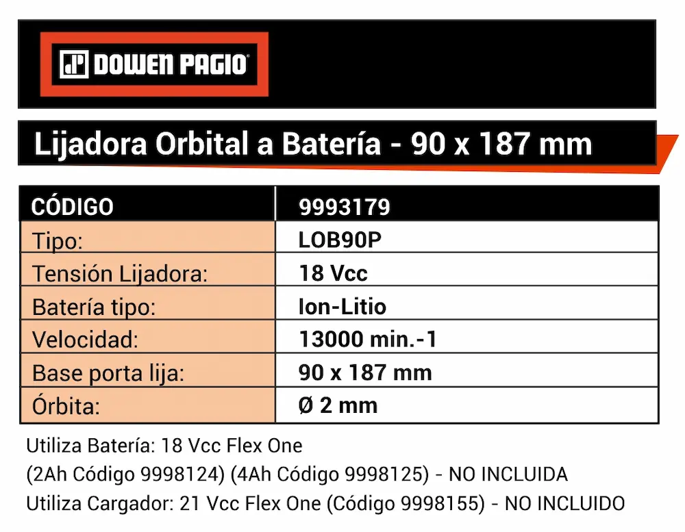Lijadora Orbital a Batería 18V Dowen Pagio LOB90P 90mm x 187mm 9993179 (no incluye batería ni cargador) - Imagen 6