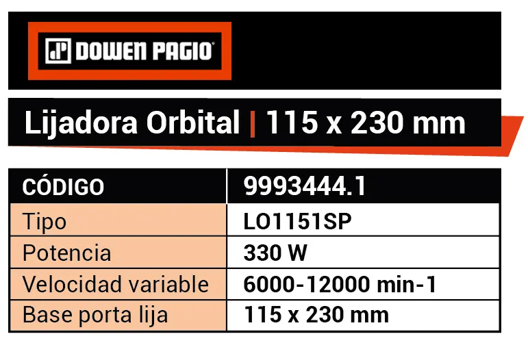 Lijadora Orbital Eléctrica Dowen Pagio LO1151SP 330W 115mm x 230mm 220v 9993444.1 - Imagen 6