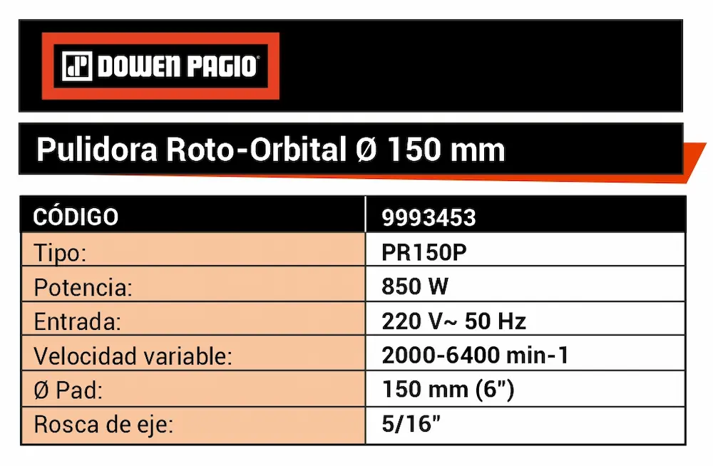 Pulidora Lustralijadora Roto Orbital Eléctrica Dowen Pagio PR150P 150mm(6”) 850W 9993453 para autos - Imagen 6