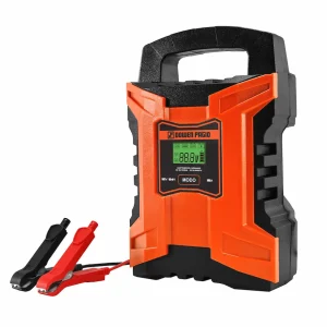Cargador y mantenedor de baterías inteligente Dowen Pagio 12V 24V 15A de frente mostrando el panel de control.