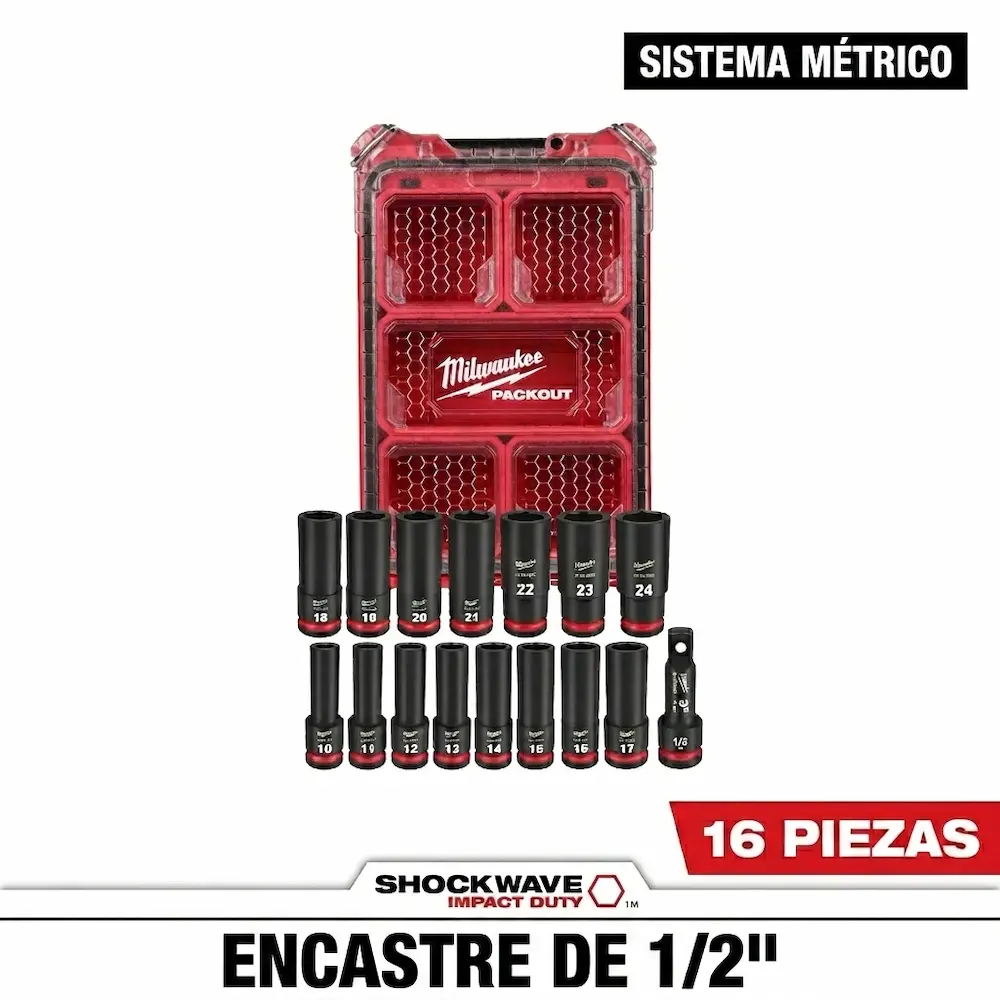 Juego Set Kit 16 piezas de llaves tubos de impacto Milwaukee 49-66-6803 SHOCKWAVE Encastre 1/2" con PACKOUT - Imagen 4