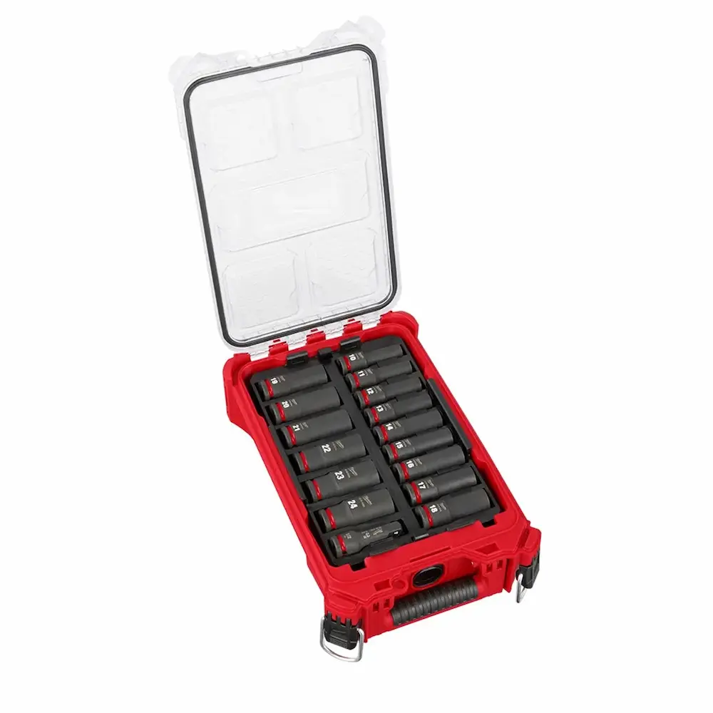Juego de bocallaves de impacto milimetricas Milwaukee SHOCKWAVE de 16 piezas con encastre de 1/2 pulgada y maletin PACKOUT.