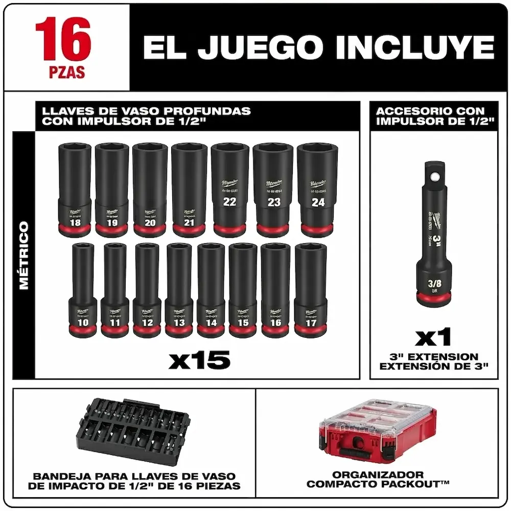 Juego Set Kit 16 piezas de llaves tubos de impacto Milwaukee 49-66-6803 SHOCKWAVE Encastre 1/2" con PACKOUT - Imagen 6