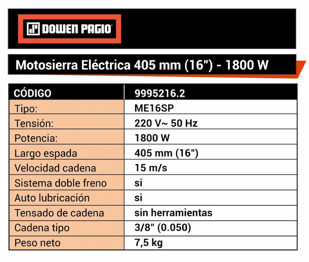 Motosierra Eléctrica Dowen Pagio ME16SP Largo Espada 16”(40cm) 1800W 220v 9995216.2 - Imagen 3