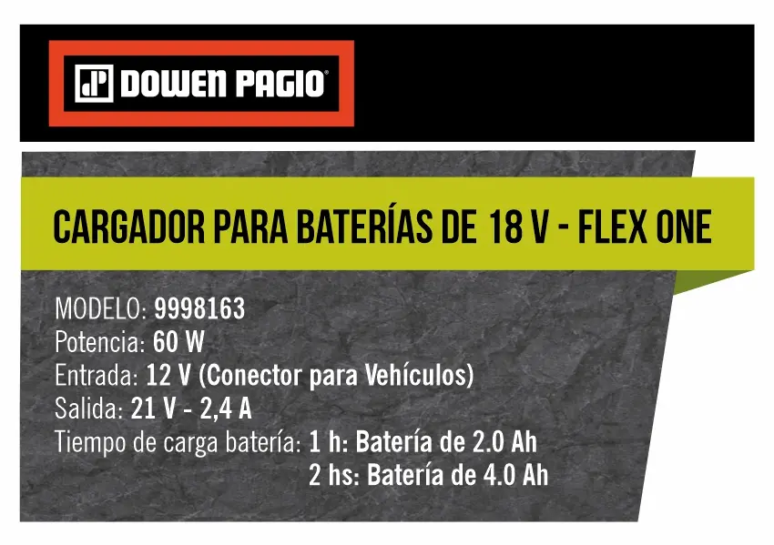 Cargador Dowen Pagio 9998163 para Batería de Litio 18V FLEX ONE con Enchufe para Automóvil 12V Encendedor - Imagen 2