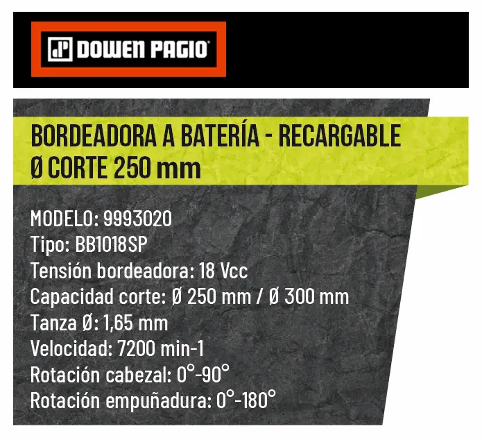 Ficha de especificaciones técnicas de la bordeadora Dowen Pagio 9993020.