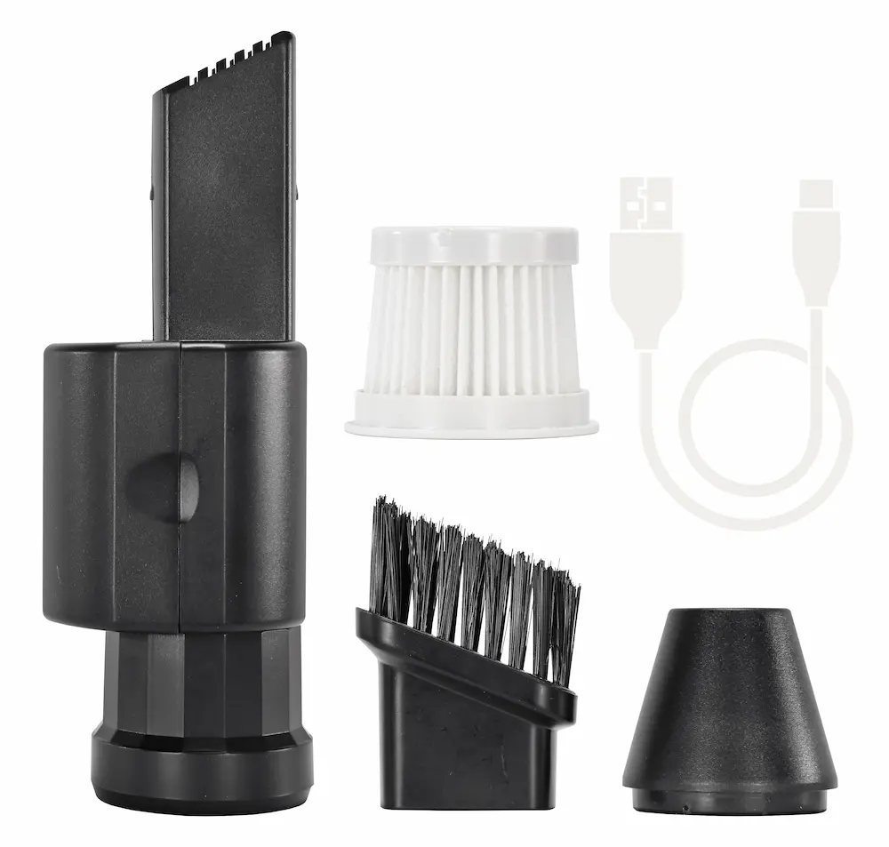 Boquillas, filtro EPA y cable USB-C del soplador de mano Dowen Pagio.