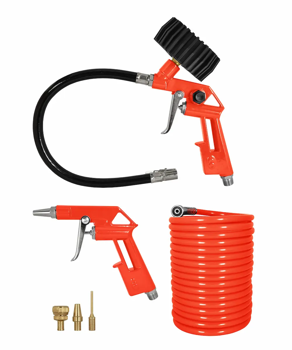 Kit de accesorios para compresor Dowen Pagio con manguera espiralada y pistolas de sopleteo e inflado.