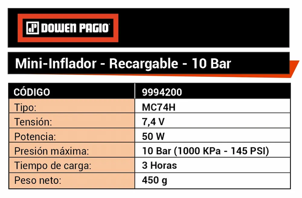 Ficha técnica y especificaciones del inflador portátil a batería Dowen Pagio MC74H.