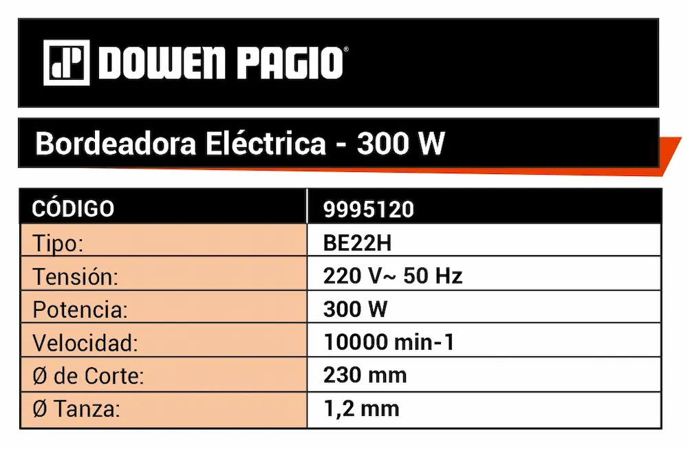 Ficha de especificaciones técnicas bordeadora eléctrica Dowen Pagio 9995120.