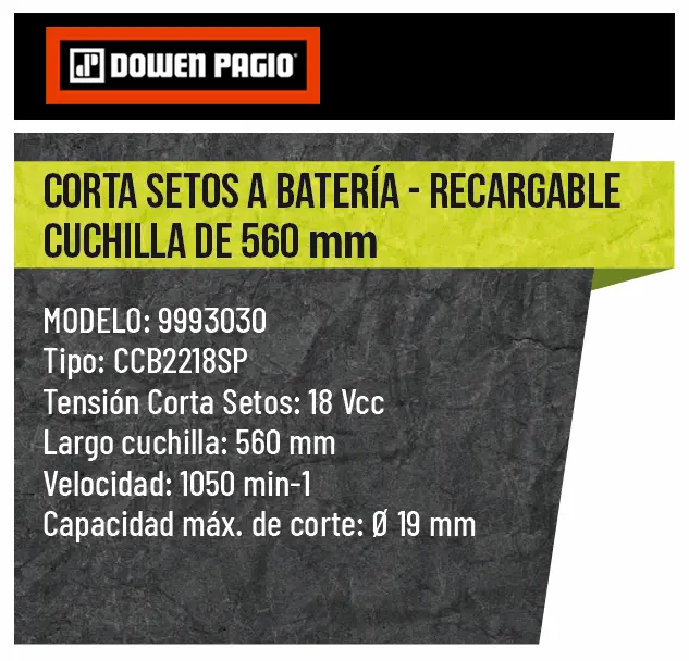 Ficha técnica de especificaciones del cortasetos inalámbrico Dowen Pagio 9993030.