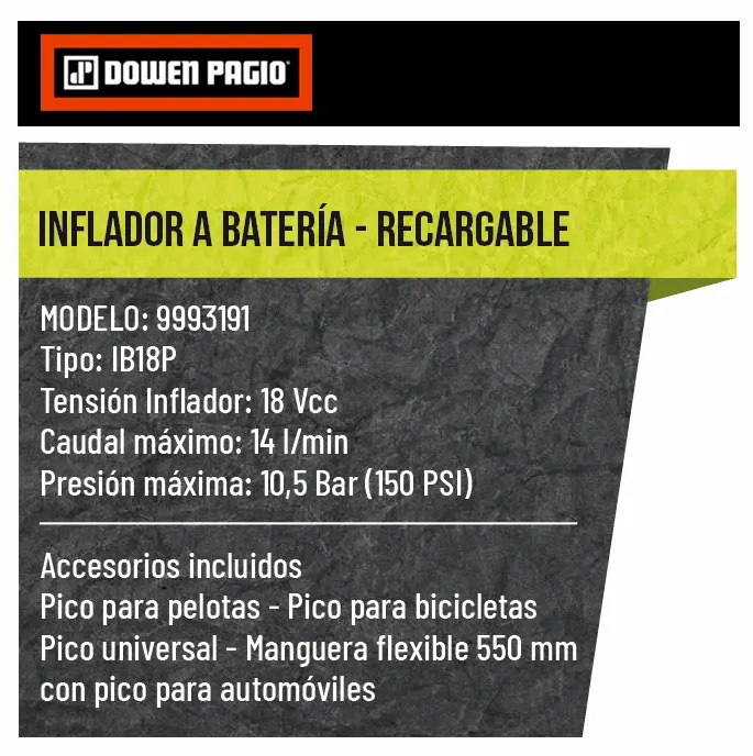 Ficha técnica y accesorios del inflador a batería 18V Dowen Pagio IB18P.