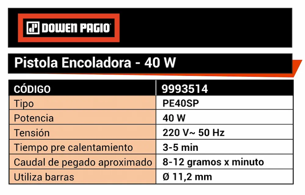 Ficha técnica y especificaciones de la pistola encoladora Dowen Pagio PE40SP.